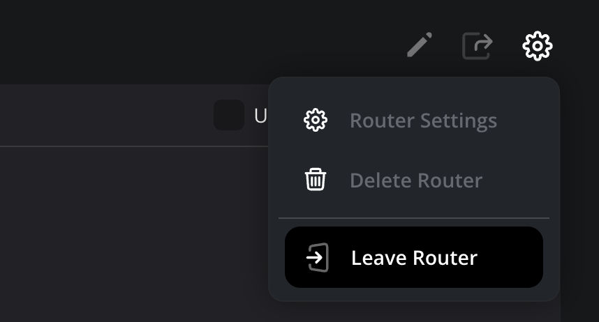 The settings cog menu on a shared stream router, with 'Router Settings' and 'Delete Router' greyed out and a highlighted 'Leave Router' option