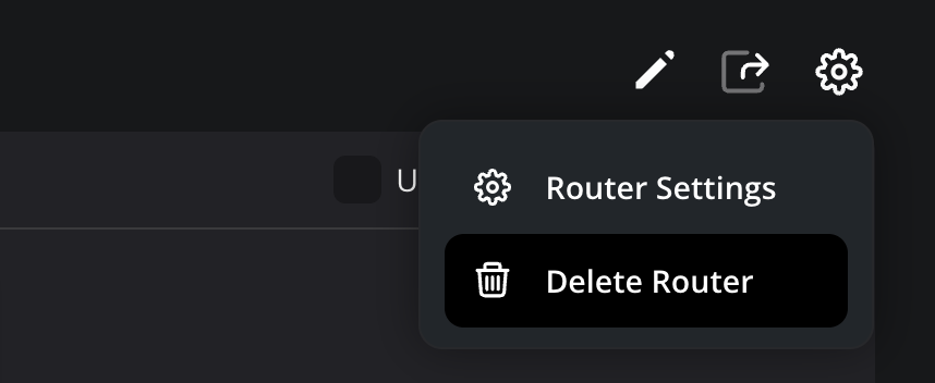 The settings cog menu with the 'Delete Router' option highlighted below 'Router Settings'
